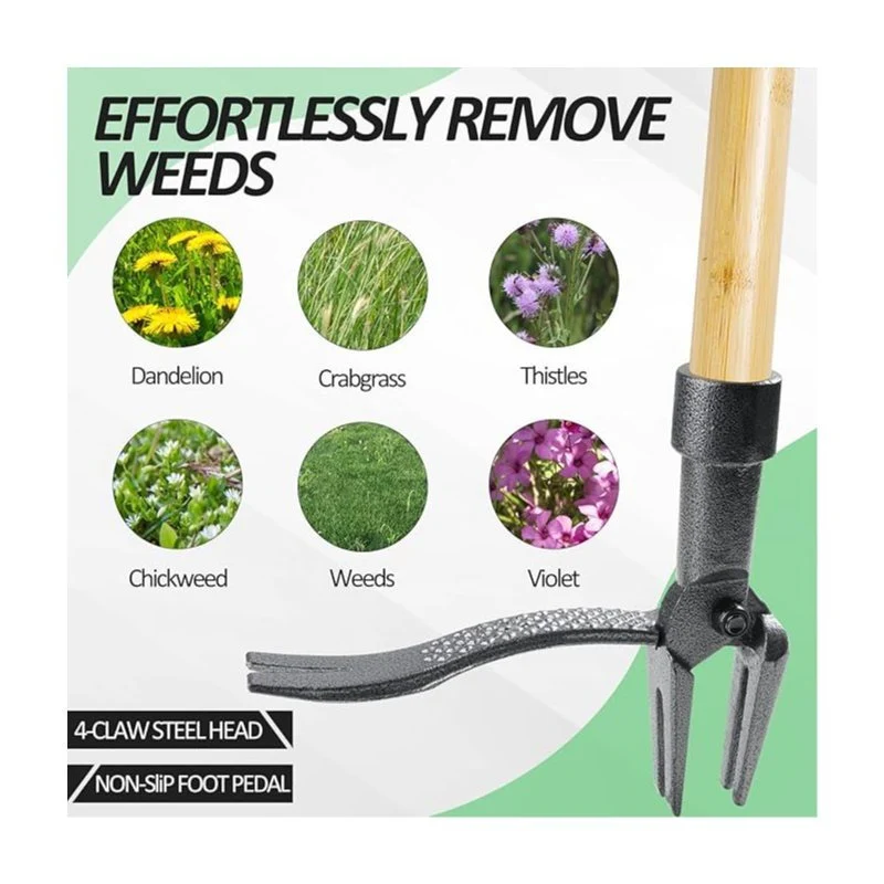 46'' Stand Up Weed Puller Tool with 4-Claw Steel Head and Bamboo Handle, No-Bend Weeder Tool for Lawn & Garden